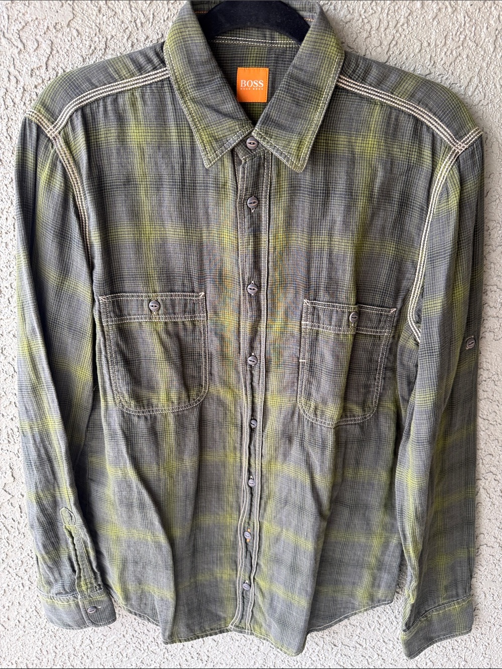 BOSS Olive Green and Gray Plaid Button-Down Shirt